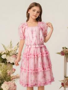 SHEIN 2 件套女童方领短袖印花上衣 + 束腰花卉图案印花裙套装 - 粉色 - 查看 4