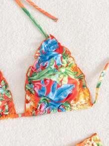 SHEIN Swim 2pcs/Set Tropical Print Frill Trim Halter Neck Top And High Cut Bikini Bottom Bikini Set, Beach Holiday Style, For Summer Vacation - Multicolor - View 4