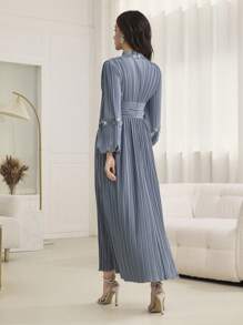 Modelyn Váy dài tay bồng xếp ly cổ chữ V thanh lịch cho nữ - Màu xanh bụi bặm - Xem 2