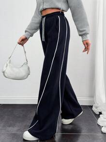SHEIN Women Stripe Piping Detailed Wide Leg Sweat Pant - Blue - View 5