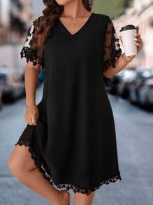 EMERY ROSE Women Plus Size Summer Casual Contrast Mesh Dress - Black - View 5