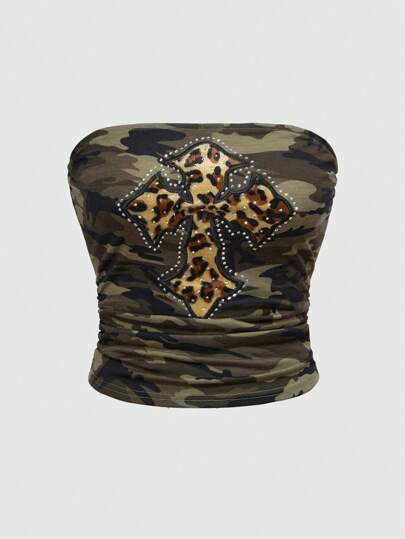 J-Fashion Y2K Style Camouflage & Leopard Print Crisscross Rhinestone Embellished Crop Top