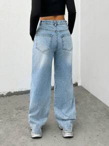 SHEIN Cottnline HIGH RISE STRAIGHT JEAN EYELET POCKET - Light Wash - View 2