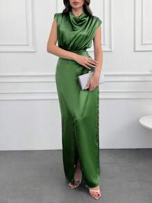 SHEIN Tall 海軍藍優雅垂墜細節長洋裝，適合高個女性 - 綠色 - 查看 3