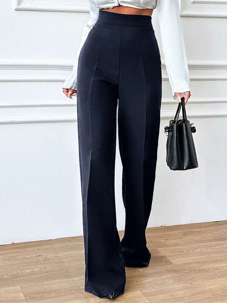 EURMUSE Women Solid Color High Waist Toothpick Stripe Design Straight Leg Elegant Office Pants - Navy Blue - View 1
