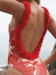 Swim Oasis 女式花卉肩带泳衣，性感露背连体泳衣，长腰纱笼两件套海滩节波西米亚风泳衣