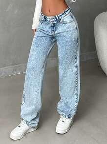 EURMUSE WOMEN LOW WAIST STRAIGHT SNOW WASH JEANS