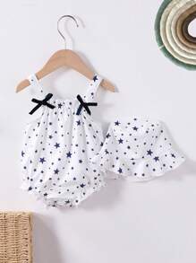 新款女婴舒适休闲可爱星星印花连体衣，俏皮舒适设计，适合室内外活动，春夏款 - 彩色 - 查看 1
