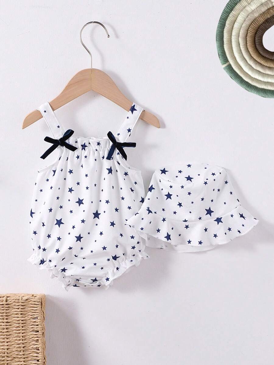 新款女婴舒适休闲可爱星星印花连体衣，俏皮舒适设计，适合室内外活动，春夏款 - 彩色 - 查看 1