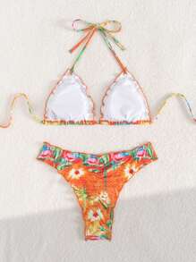 SHEIN Swim 2pcs/Set Tropical Print Frill Trim Halter Neck Top And High Cut Bikini Bottom Bikini Set, Beach Holiday Style, For Summer Vacation - Multicolor - View 2