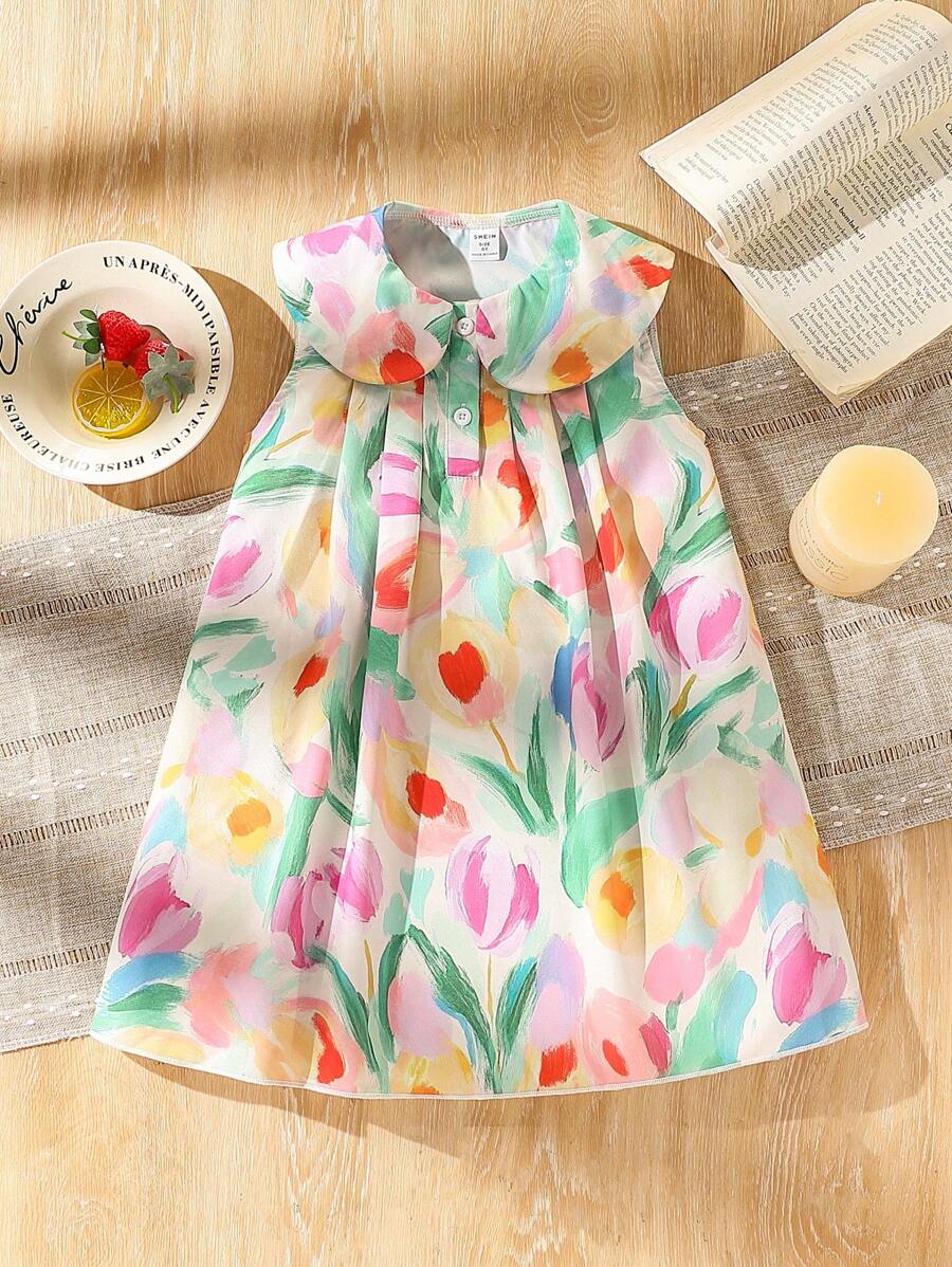 SHEIN Vintaside Kids 年轻女孩花卉印花荷叶边领无袖可爱连衣裙