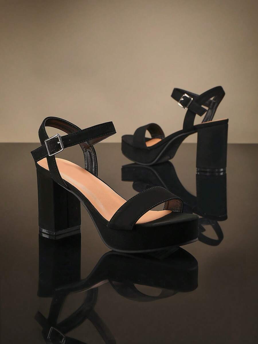 SHUZIA 女士舒适厚底高跟经典绑带踝带黑色婚鞋 - 黑色 - 查看 1