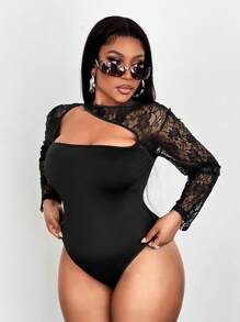Maweii 性感蕾丝拼布透视镂空大码长袖紧身衣，适合派对和日常穿着 - 黑色 - 查看 3