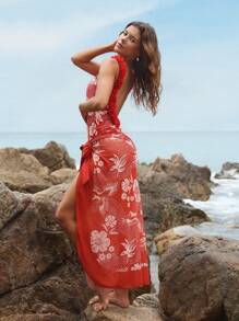 Swim Oasis 女式花卉肩带泳衣，性感露背连体泳衣，长腰纱笼两件套海滩节波西米亚风泳衣