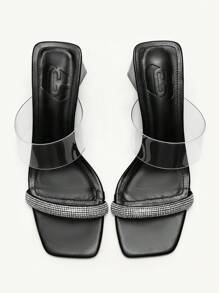 CUCCOO CHICEST Women's Rhinestone Buckle Strap Transparent PVC Square Toe Block Heel Elegant Sexy Black Clear High Heels Sandals Mules For Party, Dating, Nightclub - Black - View 9