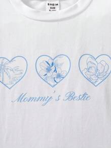 SHEIN Babygirl Summer Cute White Heart Flower Print T-Shirt & Denim Shorts Set,Fashionable Cap Sleeve Top,Family Matching Casual Little Princess Outfit - White - View 5