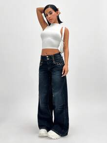 EURMUSE LOW WAIST WIDELEG JEAN WITH RIVET DETAIL - Dark Wash - View 6