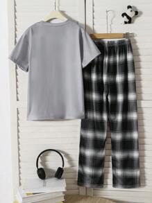 2pcs/Set Tween Boys Casual Slouchy Panda Print Short Sleeve Top & Plaid Long Pants Comfortable Pajamas Set - Grey - View 2