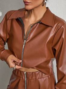 SHEIN Completo giacca e pantaloni in pelle cammello con cerniere in metallo