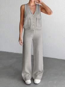 EURMUSE 2pcs/Set Women Front Button Sleeveless Pocket Minimalist Top And Long Pants - Light Grey - View 7