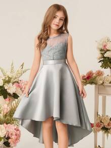 Vestido de Dama de Honra Menina Jovem e Pré-Adolescente, Renda Retalhos Cetim Bainha Alta-Baixa, Casamento, Diário, Show, Festa de Aniversário - Cinza - Visão 6