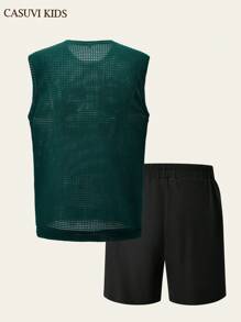 SHEIN Explorewe 2pcs Male Teenager Casual Fashionable School/Commute Loose Textured See-Through Fabric Green Numeric Pattern Tank Top And Shorts Set - Multicolor - View 5