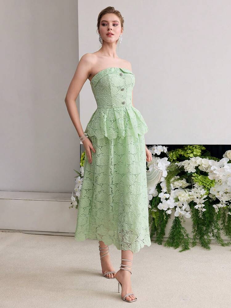 VESTIDO TUBO ELEGANTE DE RENDA SÓLIDA COM BOTÕES À FRENTE