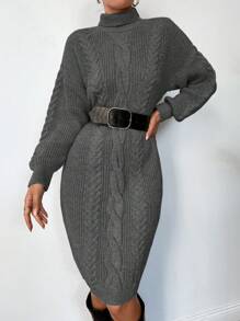 EURMUSE 女士纯色高领长袖简约短款休闲毛衣连衣裙 - 深灰色 - 查看 3