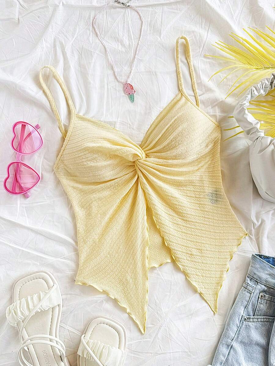 Soleia Women's Vacation Canary Yellow Knit Textured Twist Bust Asymmetric Ruffle Hem Spaghetti Strap Fashion Camisole, Suitable For Party, Date, Valentine's Day, Carnival, Beach, Cruise, Afternoon Tea - Yellow - View 1