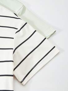 SHEIN Explorewe 2pcs Boys' Fashionable Versatile Striped Crew Neck T-Shirt & Olive Green T-Shirt Sets - Multicolor - View 4