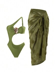 Swim Vcay Set de 2 piezas: Falda maxi de playa con abertura lateral, en color verde sólido y textura elegante asimétrica y hueca + Traje de baño entero, en estilo boho con detalles florales 3D para festivales