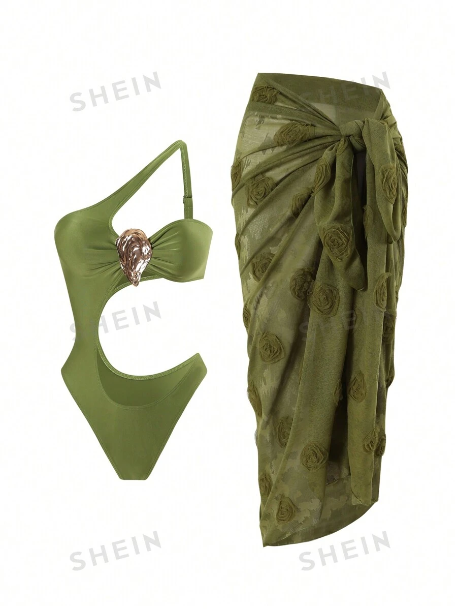 Swim Vcay Set de 2 piezas: Falda maxi de playa con abertura lateral, en color verde sólido y textura elegante asimétrica y hueca + Traje de baño entero, en estilo boho con detalles florales 3D para festivales