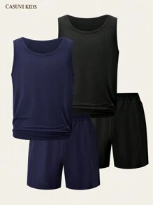 SHEIN Explorewe 4 件青少年男童休闲时尚简约通勤户外百搭舒适背心带口袋和短裤两件套服装