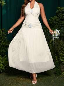 SHEIN Clasi 大码女式优雅约会夜海滩度假纯色针织网眼修身钻石肩带装饰细肩带迷你连衣裙 - 米色 - 查看 2