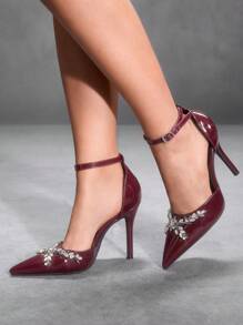 CUCCOO SZL Burgundy Rhinestone Embellished Pointed Toe High Heel Hollow-Out Women Evening Party Club Dress Shoes Spring Shoes Spring Break Easter Prom Heels - Burgundy - View 3