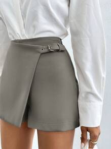 EURMUSE Solid Wrap Skort With Belt Detail - Light Grey - View 4