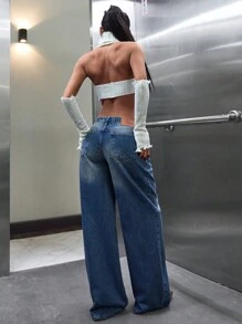 EURMUSE Low Waist Accessory Detailed Wideleg Jean - Medium Wash - View 2