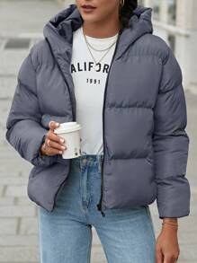 EURMUSE Zip Up Hooded Puffer Coat - Dark Grey - View 4