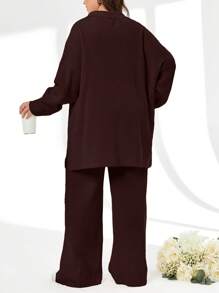 RueChic 2pcs/Set Solid Color Turn-Down Collar Sweater And Long Pants Outfit - Brown - View 2