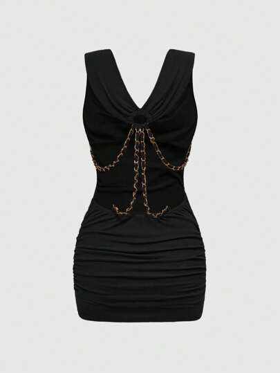 J-Fashion Vintage Y2K Sexy Shibuya Babe Bodycon Deep Draped Neck Tight Fitting Mini Dress For Women