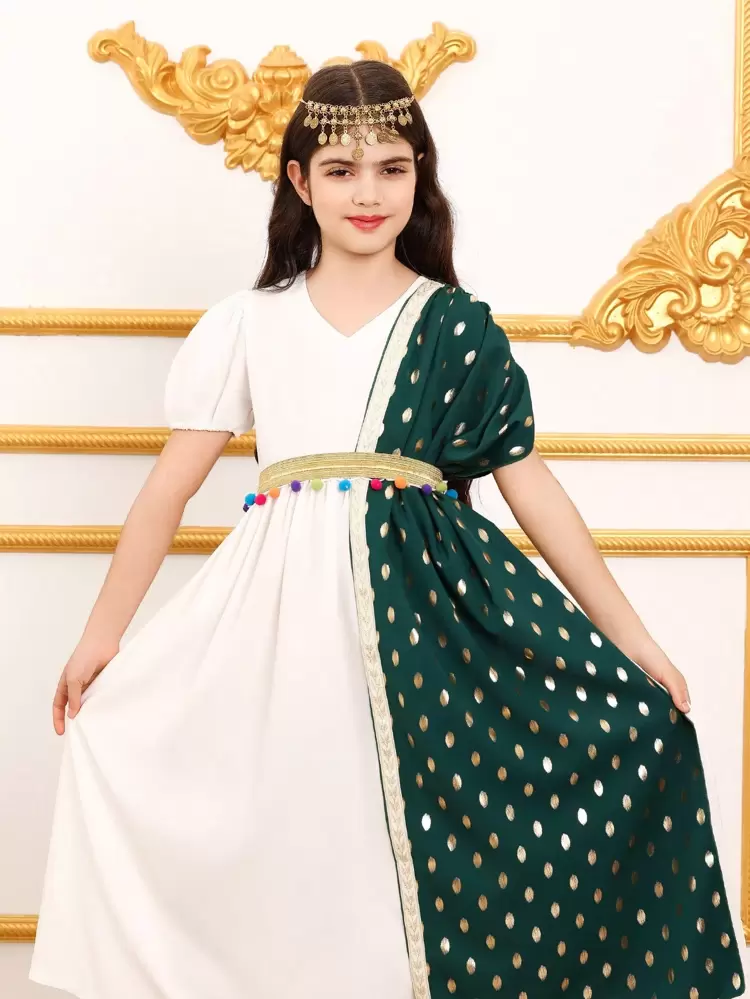 Tween Girl V-Neck Ruched Waist Dress & Gold Foil Print Shawl Set