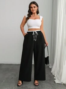 SHEIN Unity Pantalones rectos holgados con bolsillo, lazo en la cintura y bloqueo de color de satén blanco para uso casual y de oficina, talla grande, primavera/verano - Blanco y Negro - Ver 3
