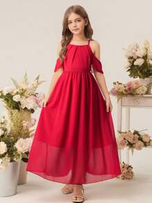 Robe longue élégante et minimale pour jeune femme avec épaules dénudées, manches à volants, taille haute, en chiffon unicolore. Robe de demoiselle d'honneur pour mariage et soirée pour filles - Rouge - Voir 3