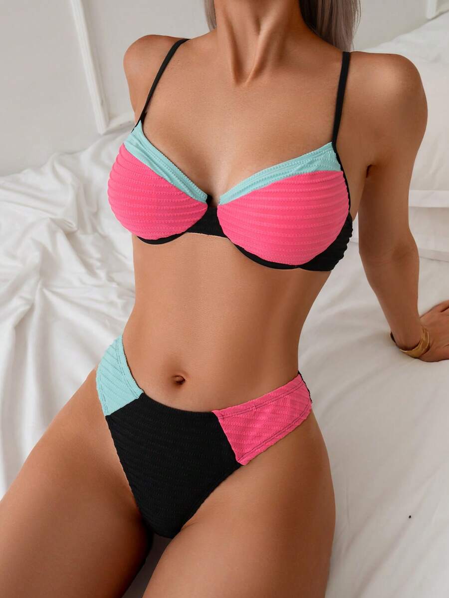 SHEIN Swim 2件套女士夏季性感无钢圈拼接撞色背心和丁字裤细肩带比基尼套装 - 彩色 - 查看 1