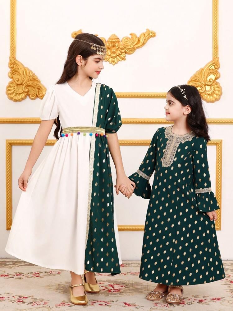 Tween Girl V-Neck Ruched Waist Dress & Gold Foil Print Shawl Set