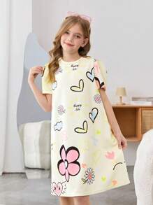 SHEIN Tween Girl Casual Cartoon Floral Print Round Neck Puff Sleeve A-Line Dress