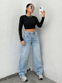 SHEIN Cottnline HIGH RISE STRAIGHT JEAN EYELET POCKET - Light Wash - View 3