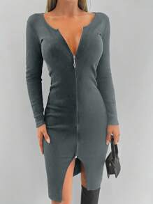 SHEIN Cottnline Casual Minimalist Solid Color Front Zip Fitted Dress - Light Grey - View 1
