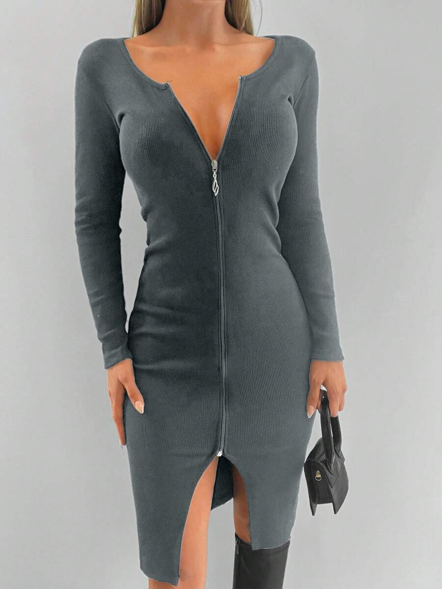 SHEIN Cottnline Casual Minimalist Solid Color Front Zip Fitted Dress - Light Grey - View 1