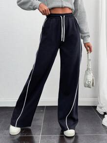 SHEIN Women Stripe Piping Detailed Wide Leg Sweat Pant - Blue - View 6
